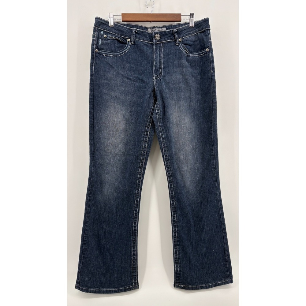 Out Jeans Womens Blue Bootcut Stretch Flap Pocket Embroidered Thick Stitch 14